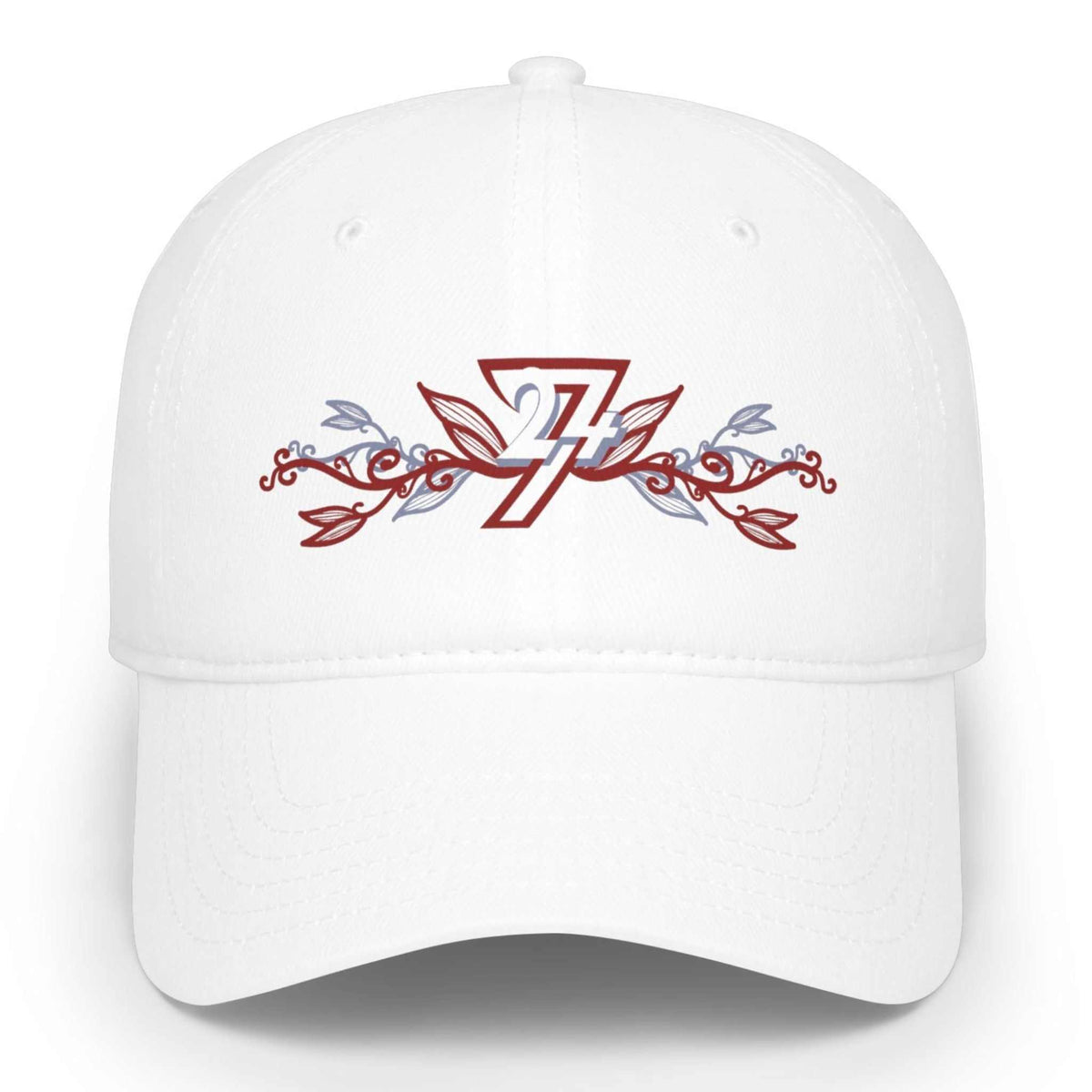 A white baseball cap featuring the red embroidered 24/7 logo with red and silver-gray floral vine details on the front panel, set against a plain white background.