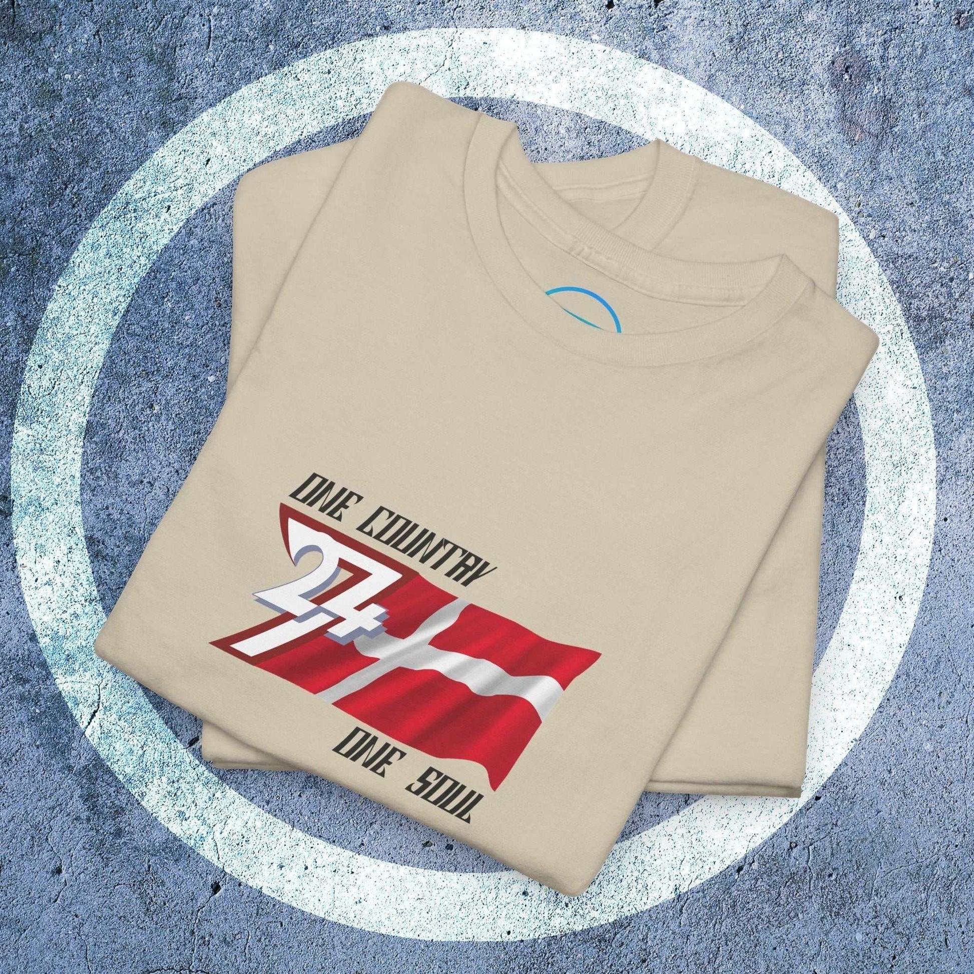 A professional display of the Denmark flag t-shirt in Deep Red, folded to showcase the refined hand-drawn graphic and high-quality fabric finish.