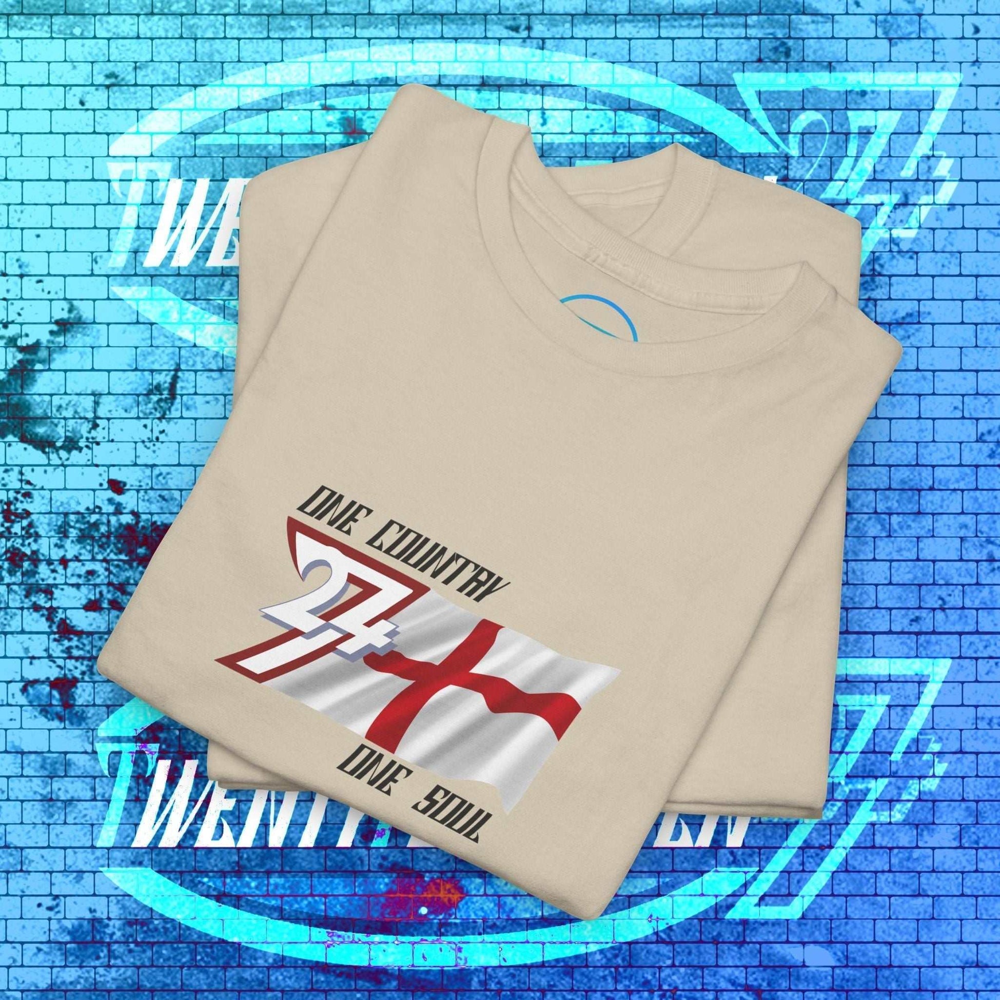 Folded Beige England flag t-shirt showcasing the hand-drawn "Valor" edition artwork.