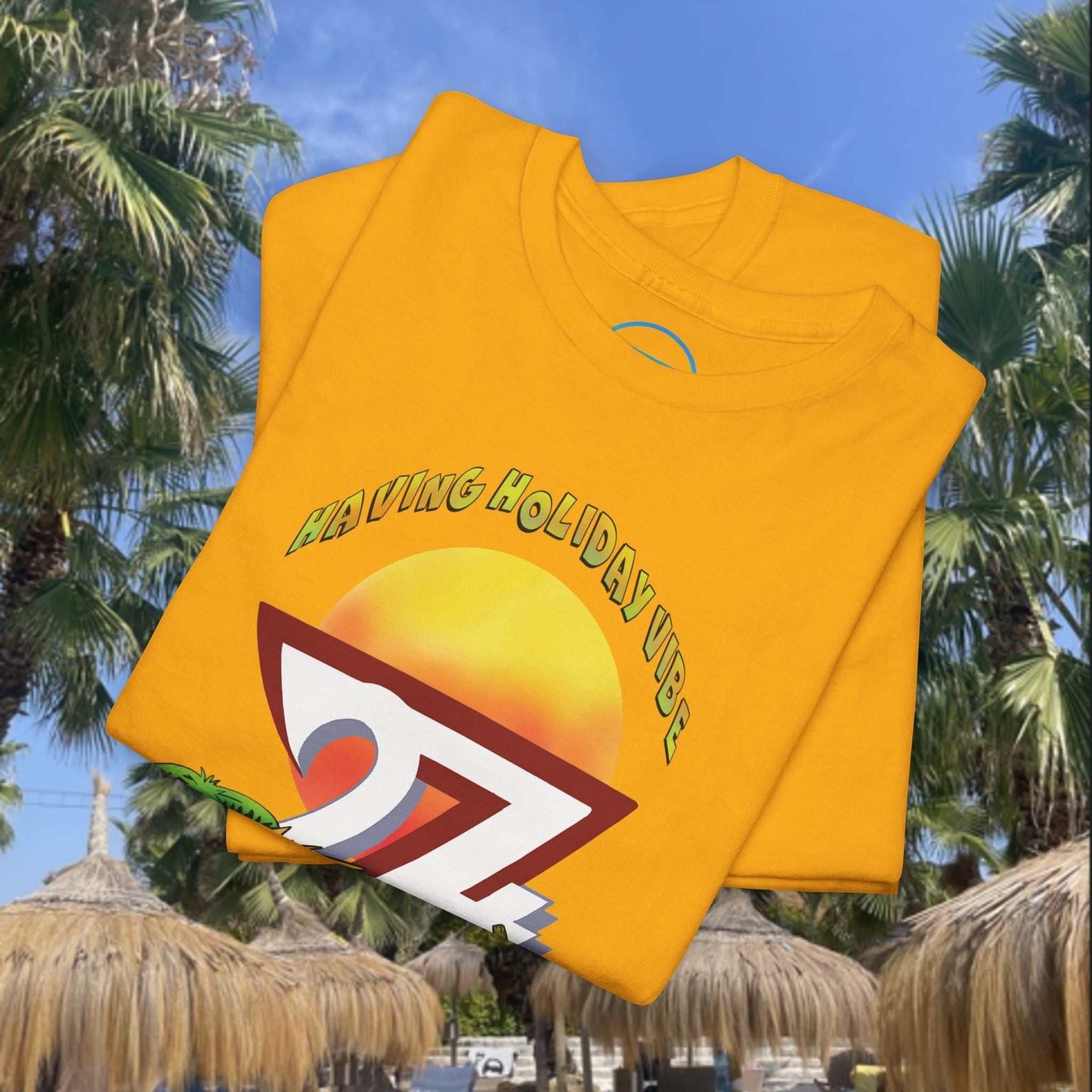 Folded view of the Gold Funny Banana Boat T-Shirt featuring hand-drawn ocean chase art.