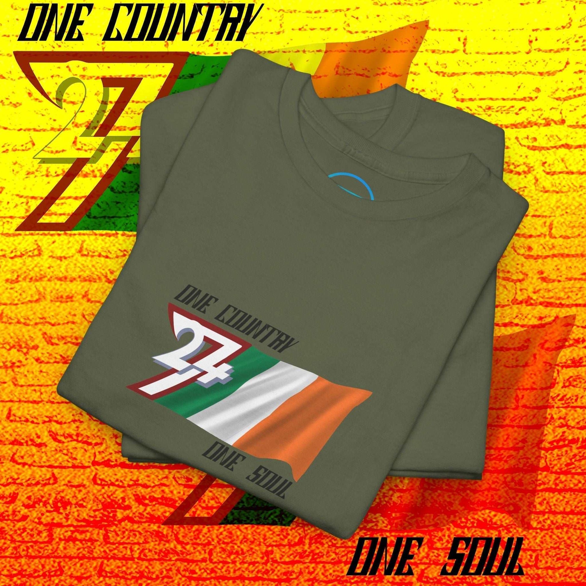 Flat-lay image of a folded military green Ireland flag shirt, highlighting the artist-original print and slogan for gifting.