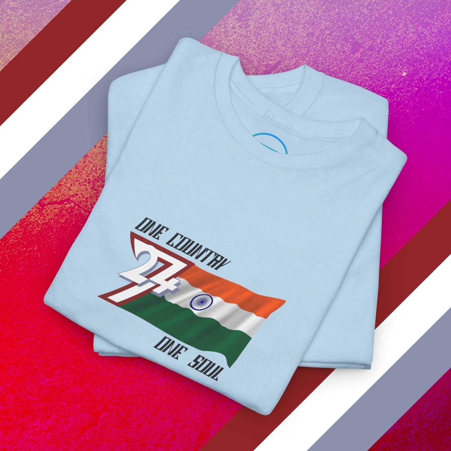 Neatly folded [COLOR] cotton tee showing the hand-drawn Indian flag illustration and "One Country One Soul" text for gifting.