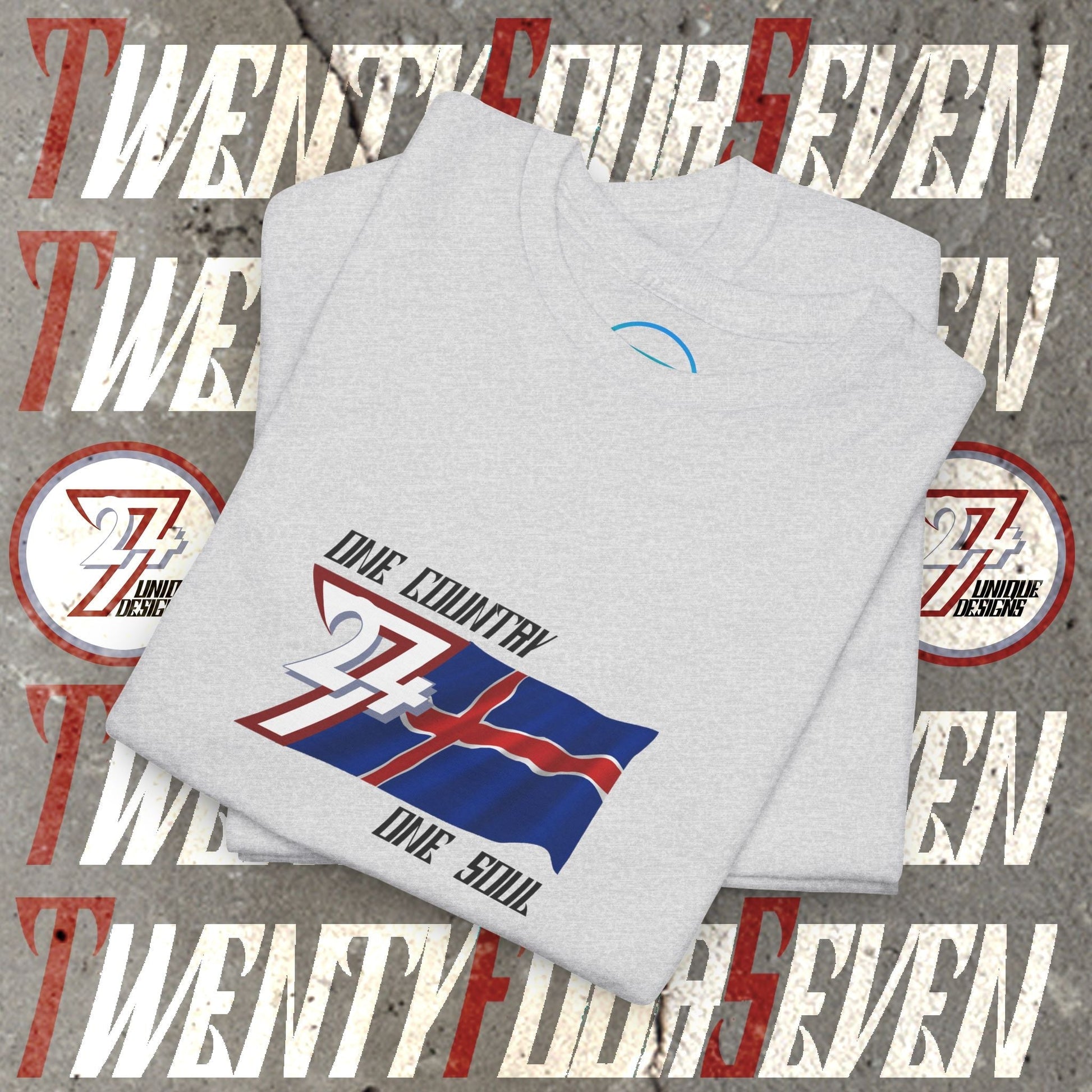 A professional display of the Iceland flag t-shirt in Charcoal, folded to showcase the refined hand-drawn graphic and high-quality fabric finish.