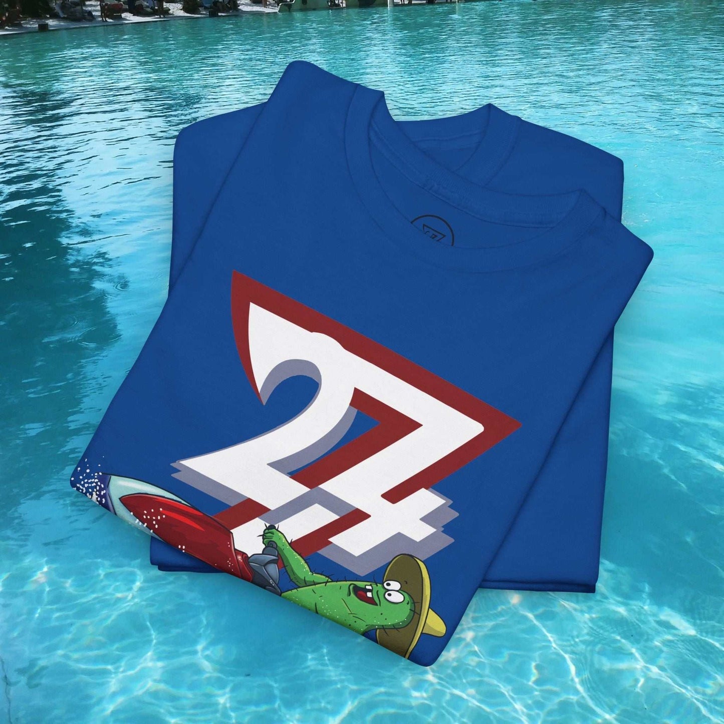 Folded view of Royal Blue Cactus Jetski T-Shirt with hand-drawn cactus duo.