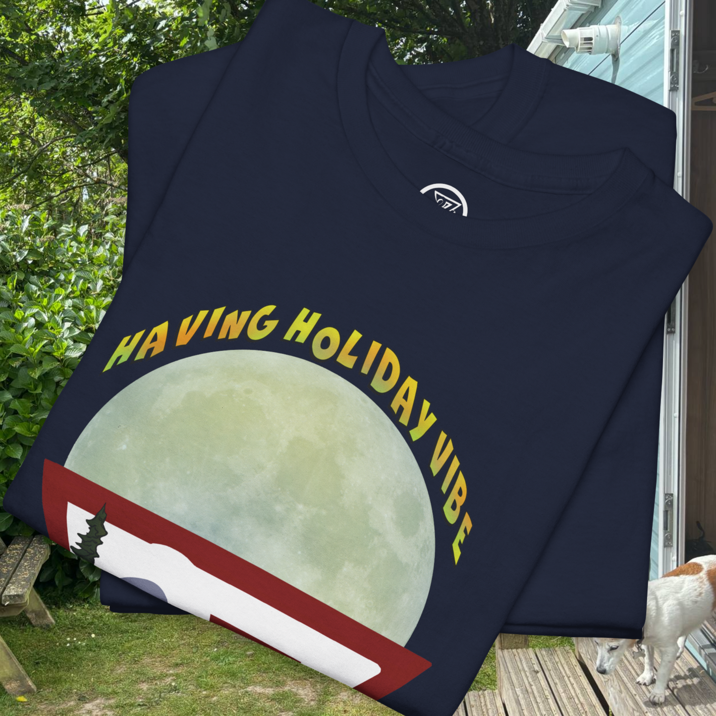 Folded Navy blue Funny BBQ t-shirt with 'Having Holiday Vibe' text and graphic