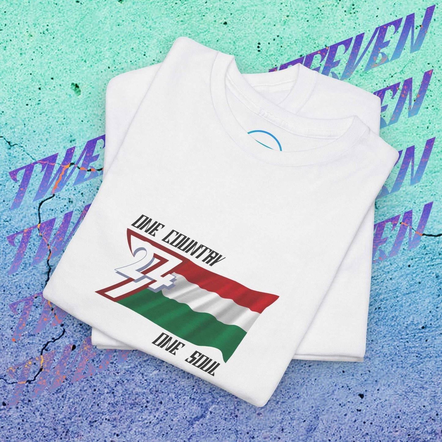 Folded white Hungary Graphic Tee with hand-drawn Magyar Spirit flag and "One Country One Soul" slogan