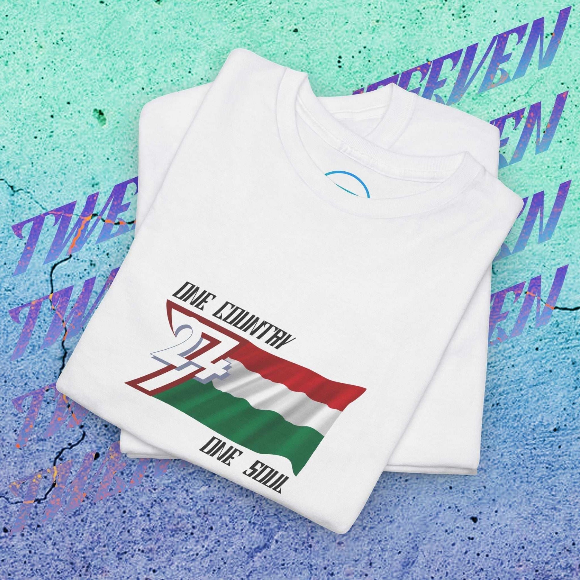 Folded white Hungary Graphic Tee with hand-drawn Magyar Spirit flag and "One Country One Soul" slogan