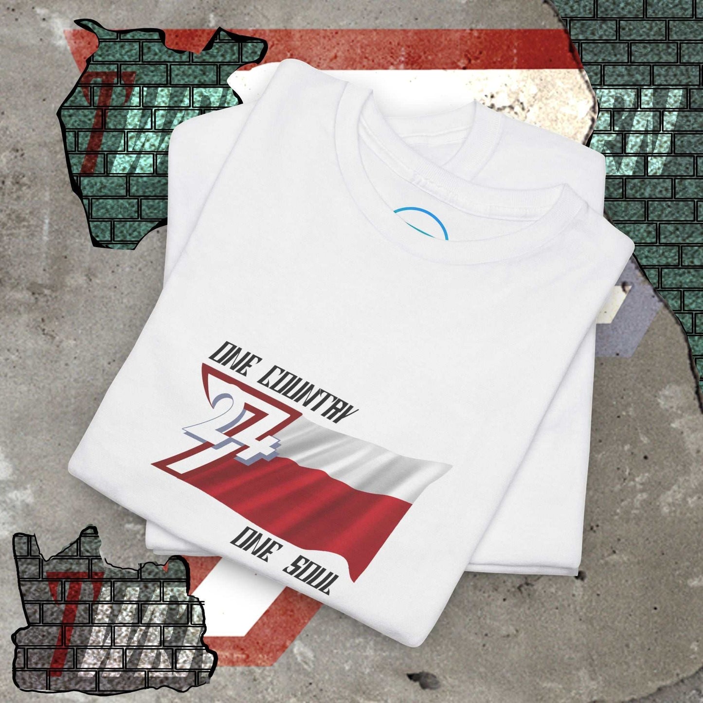 Folded whte Poland Graphic Tee with hand-drawn white and red flag design on cotton shirt