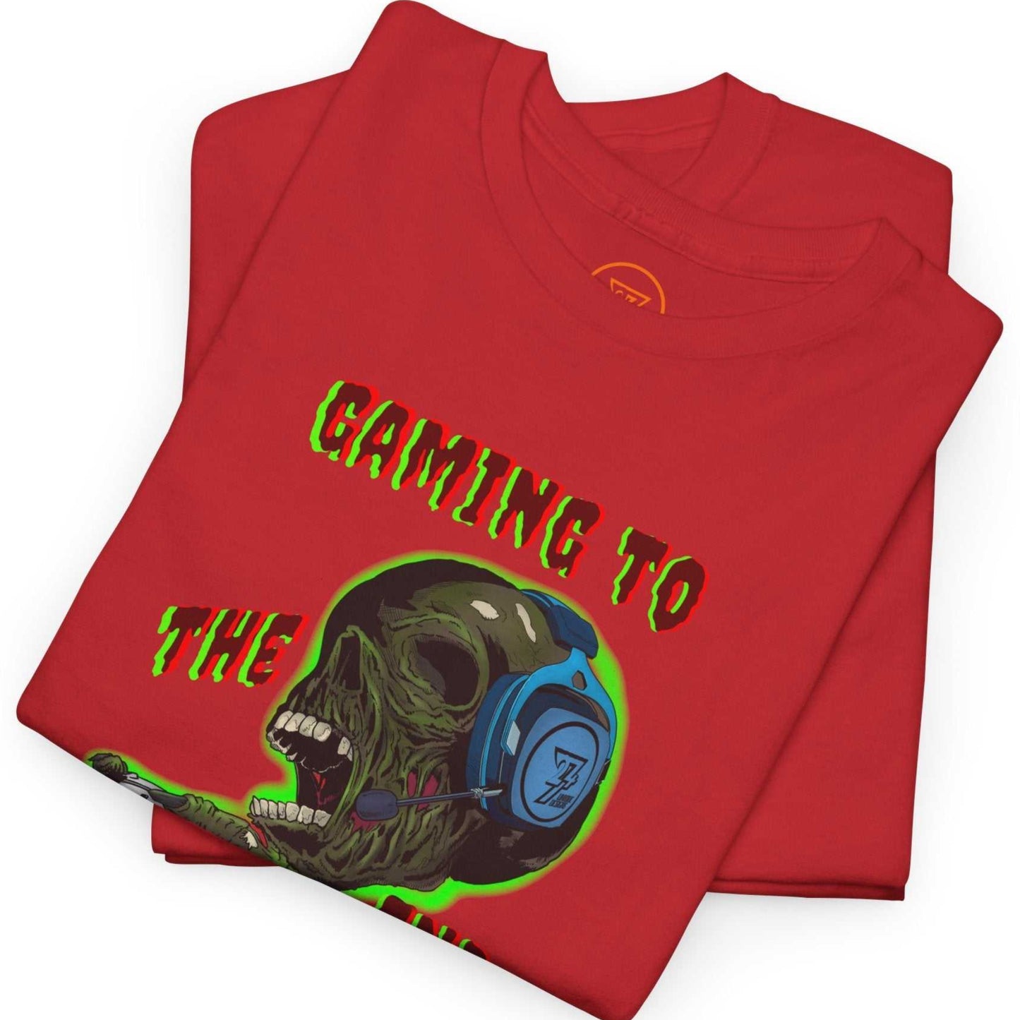 Folded red FPS gamer clothing displaying the vibrant zero AI graphic design.