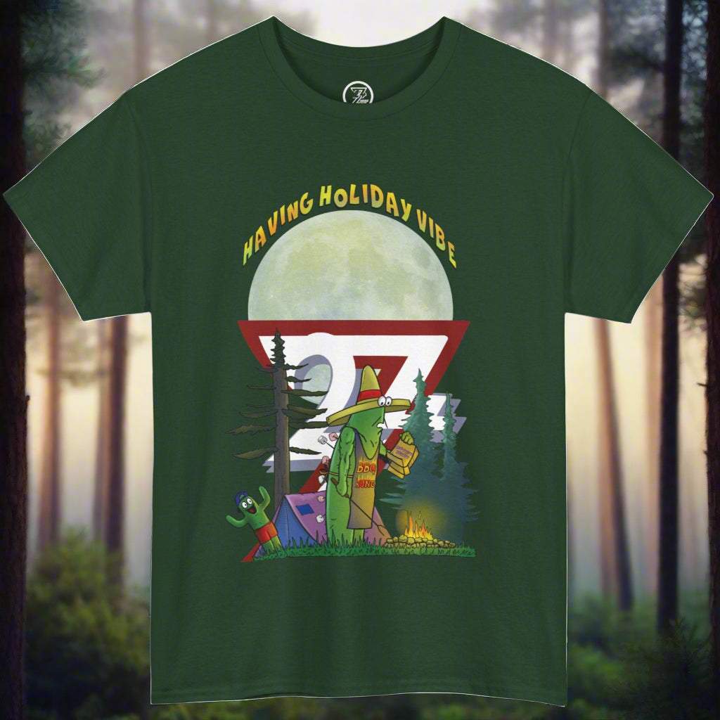 Forest green funny BBQ shirt featuring a cactus with marshmallows impaled on his spikes under a giant glowing moon.