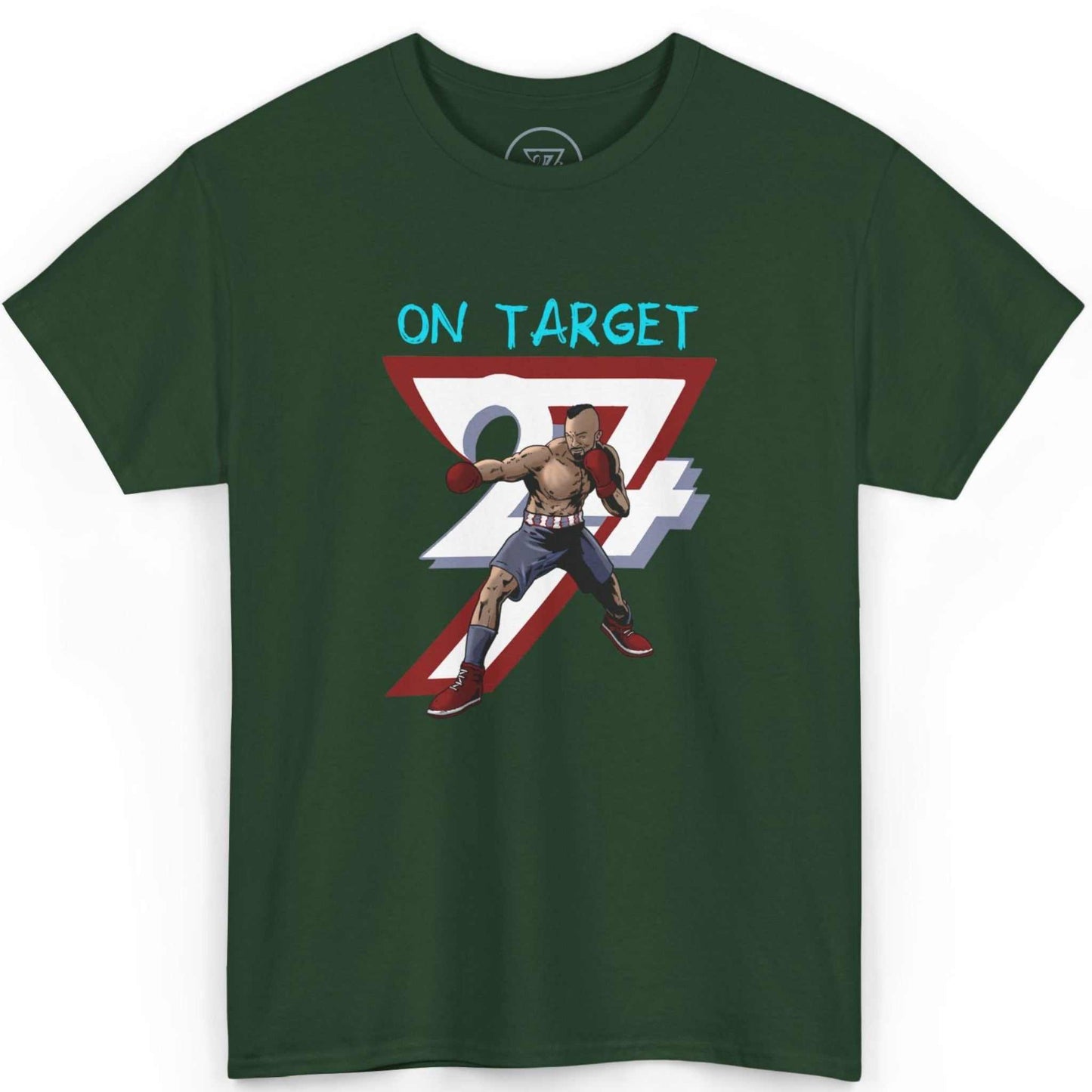 Front view of a rich forest green comic style fighter shirt showcasing the dynamic hand-drawn boxing illustration, laid flat.