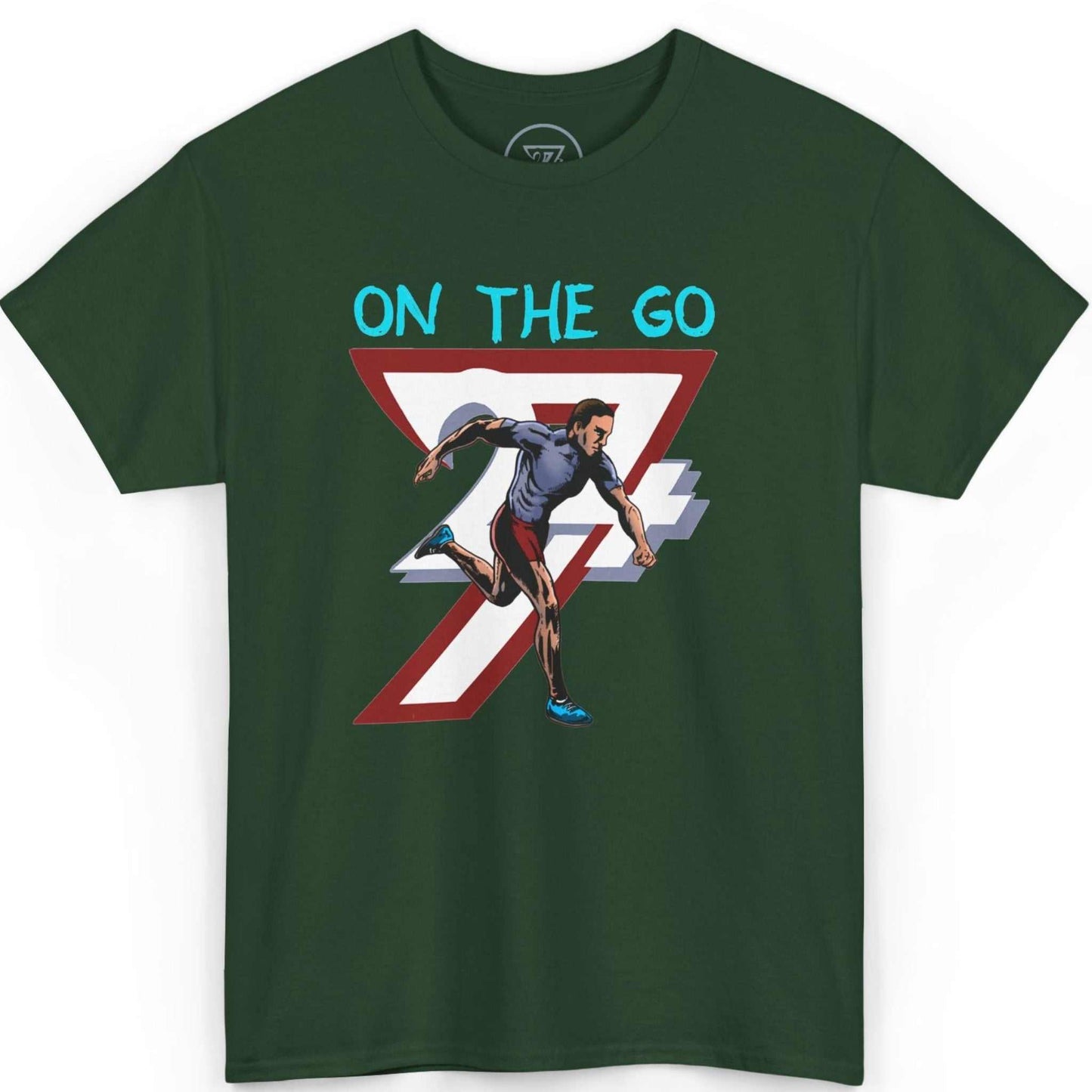 Front view of a forest green comic style running shirt featuring the energetic illustration, laid flat on a clean background.