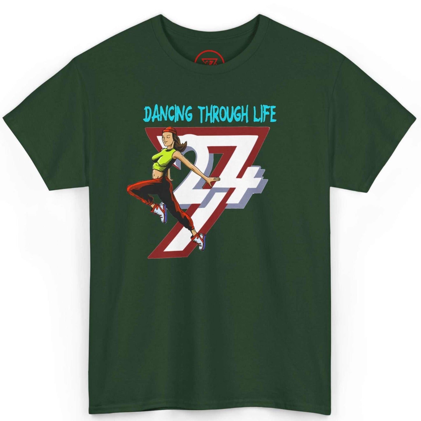 Front view of a forest green Dancing Through Life tee featuring the vibrant female dancer graphic, laid flat.
