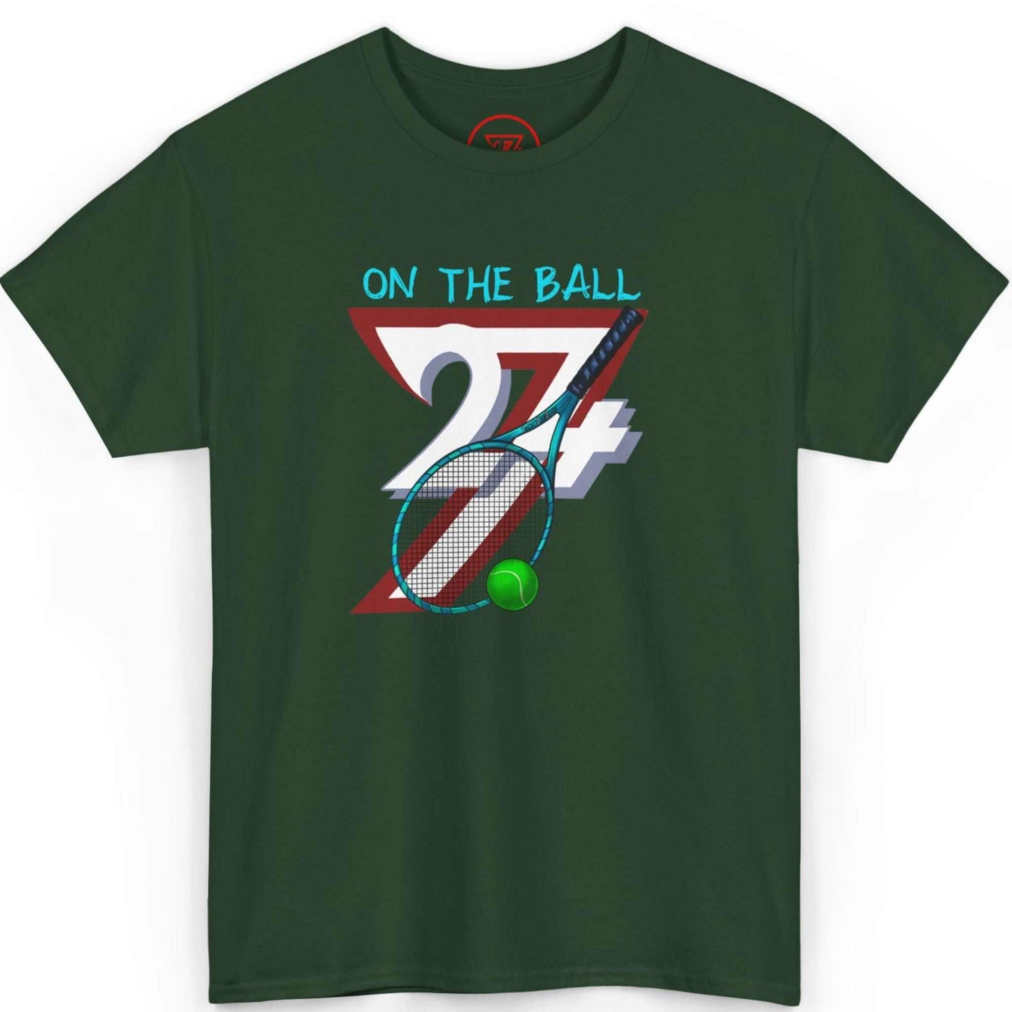 Front view of a forest green dark vintage tennis tee showcasing the retro 24/7 sports graphic, displayed on a clean background.