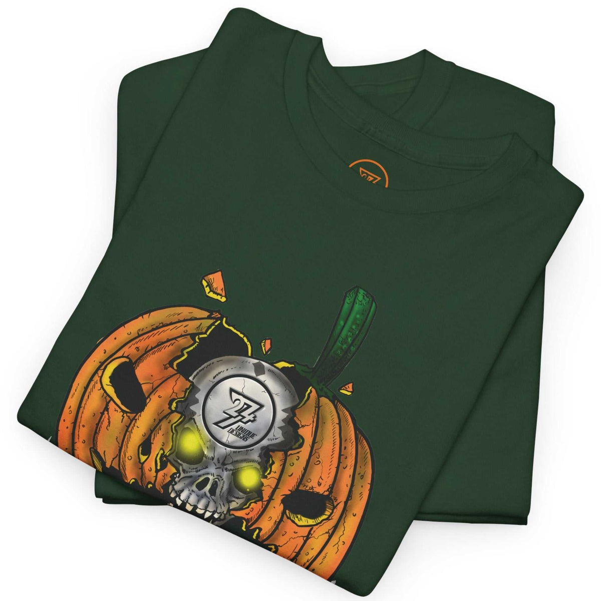 Neatly folded forest green glowing skull apparel highlighting the crisp digital front print and durable fabric, laid flat.