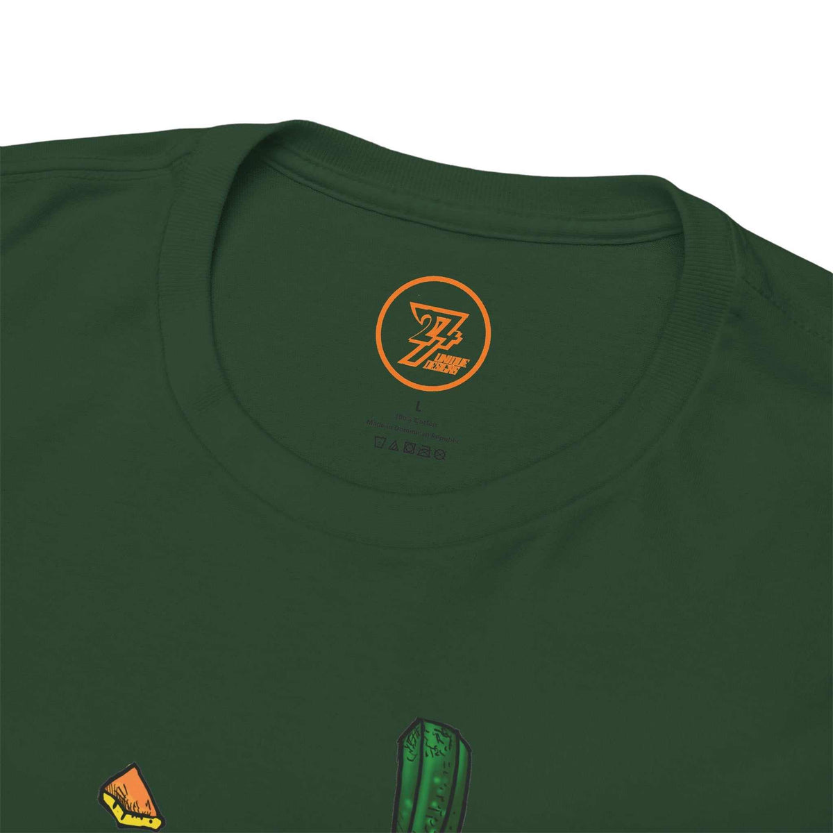 Close-up of the ribbed knit collar on the forest green Halloween party outfit, clearly showing the official 24/7 Unique Designs trademark logo inner label branding.