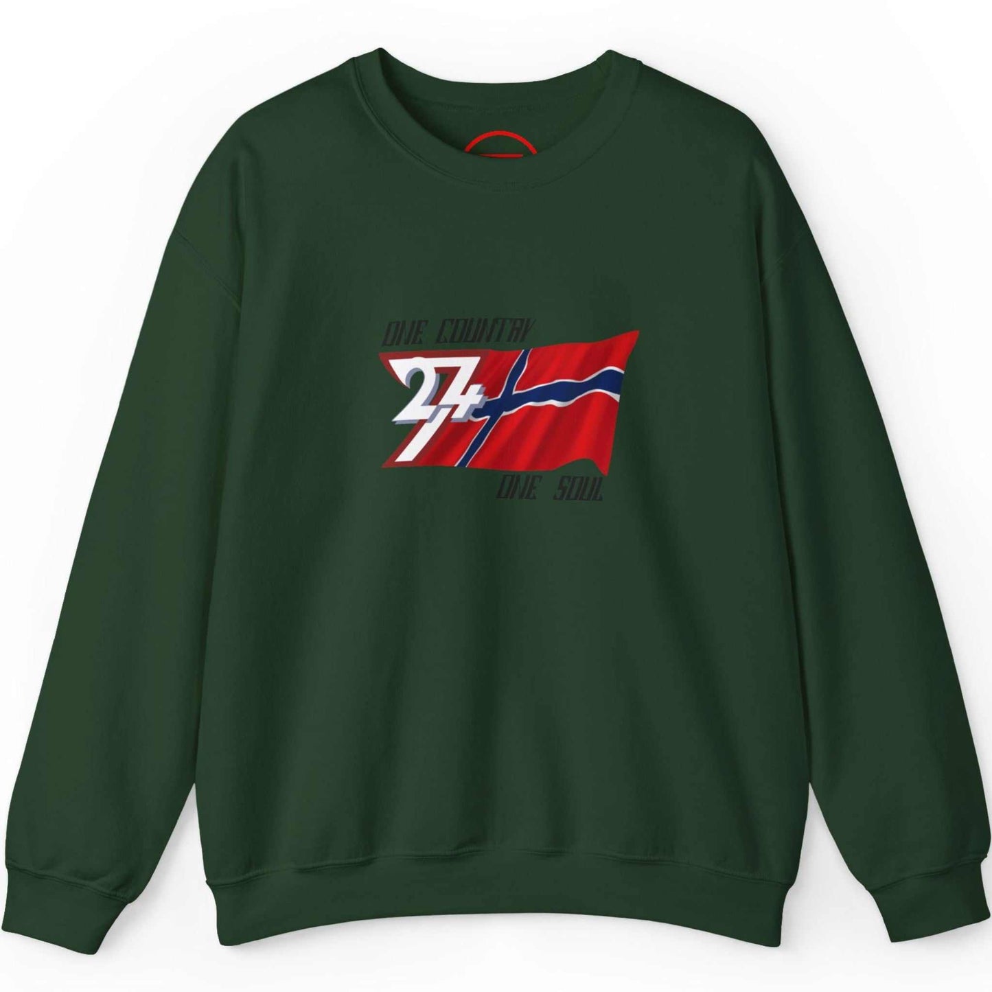 Deep forest green Norwegian flag pullover featuring the classic Norway aesthetic, shown on a clean background.