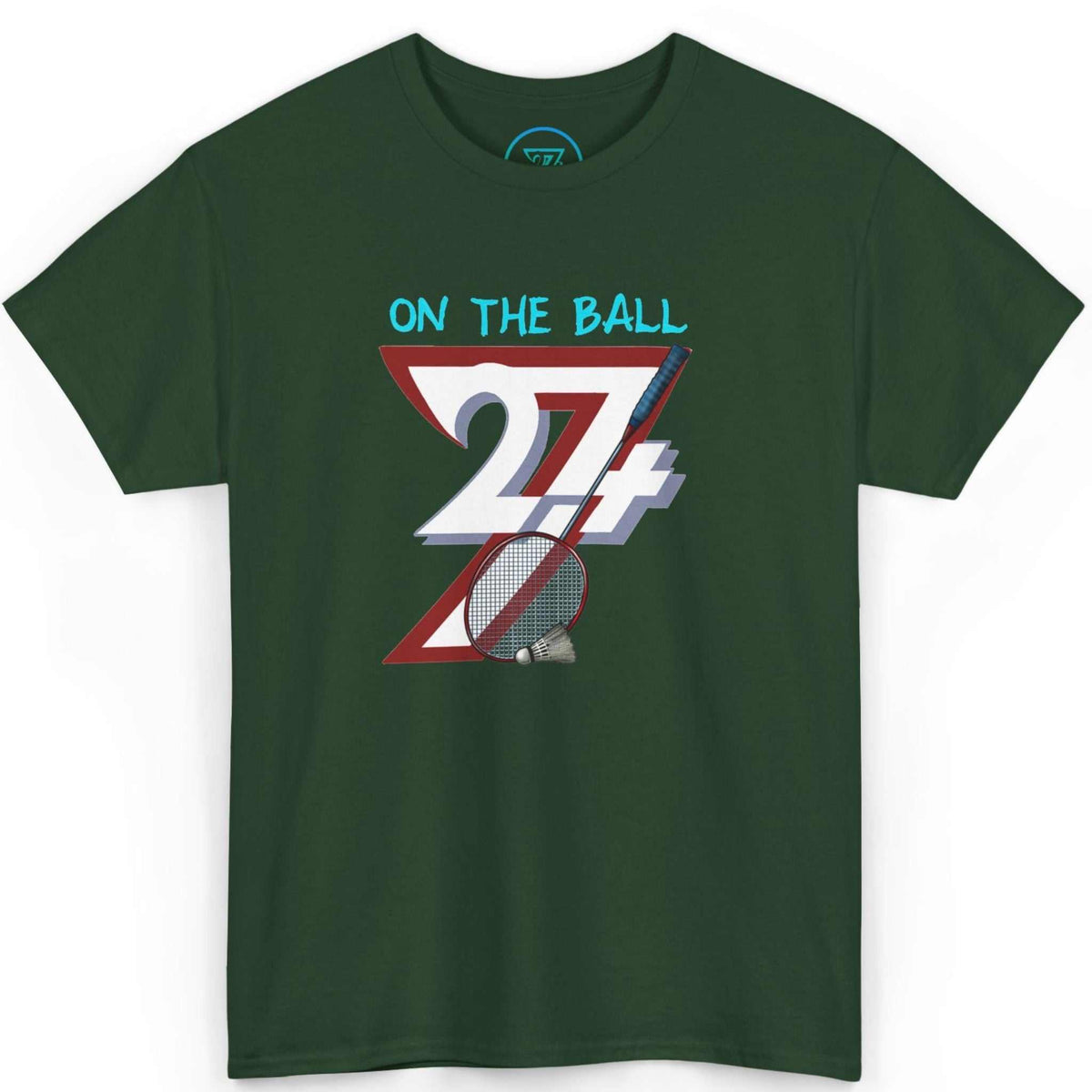 Front view of a forest green outdoor sports shirt highlighting the digital badminton art, displayed on a clean background.