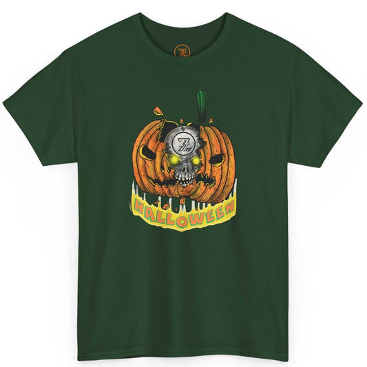 Front view of a forest green Pumpkin Skull Halloween Tee featuring the crisp digitally hand-drawn skull and jack-o'-lantern art, displayed on a clean background.