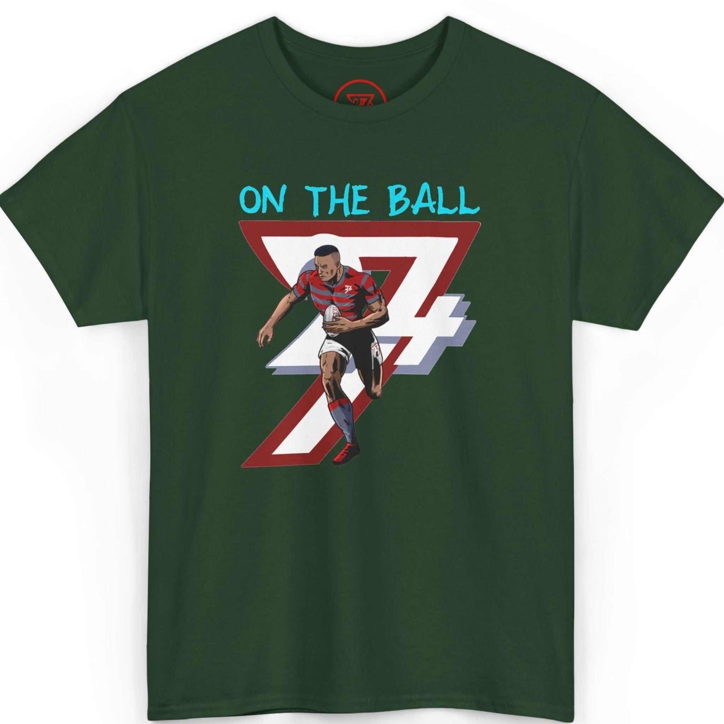 Front view of a forest green rugby fan t-shirt featuring the comic-style artwork, laid flat on a clean background.