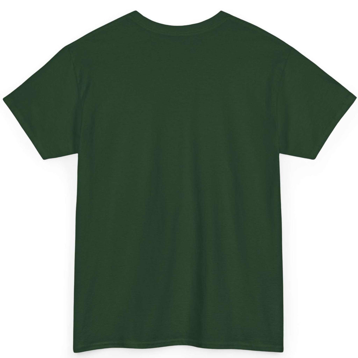 Back view of the forest green spooky graphic shirt, showing the clean, unprinted tubular back canvas.