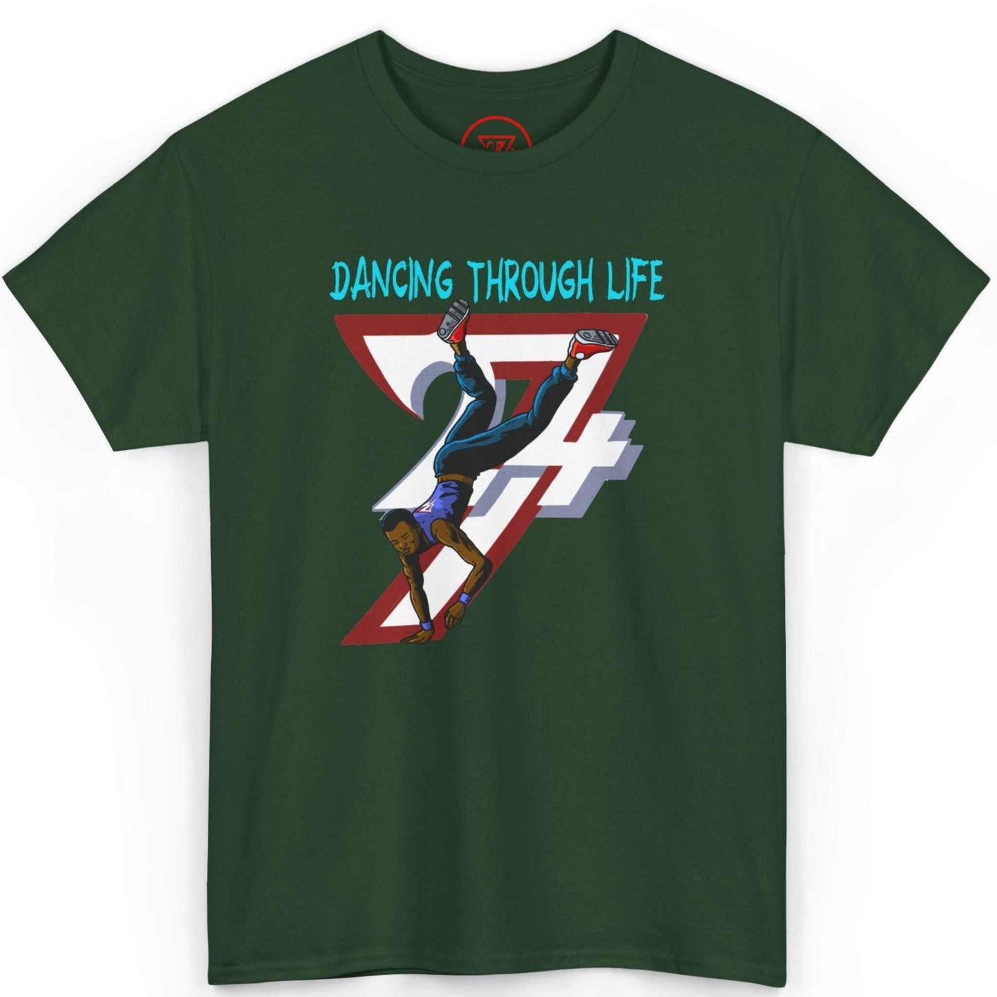 Front view of a forest green streetwear graphic shirt highlighting the hand-drawn urban dance art, laid flat on a clean background.