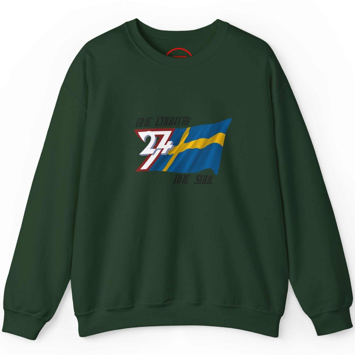 Deep forest green Sweden flag pullover featuring the classic Scandinavian aesthetic, shown on a clean background.