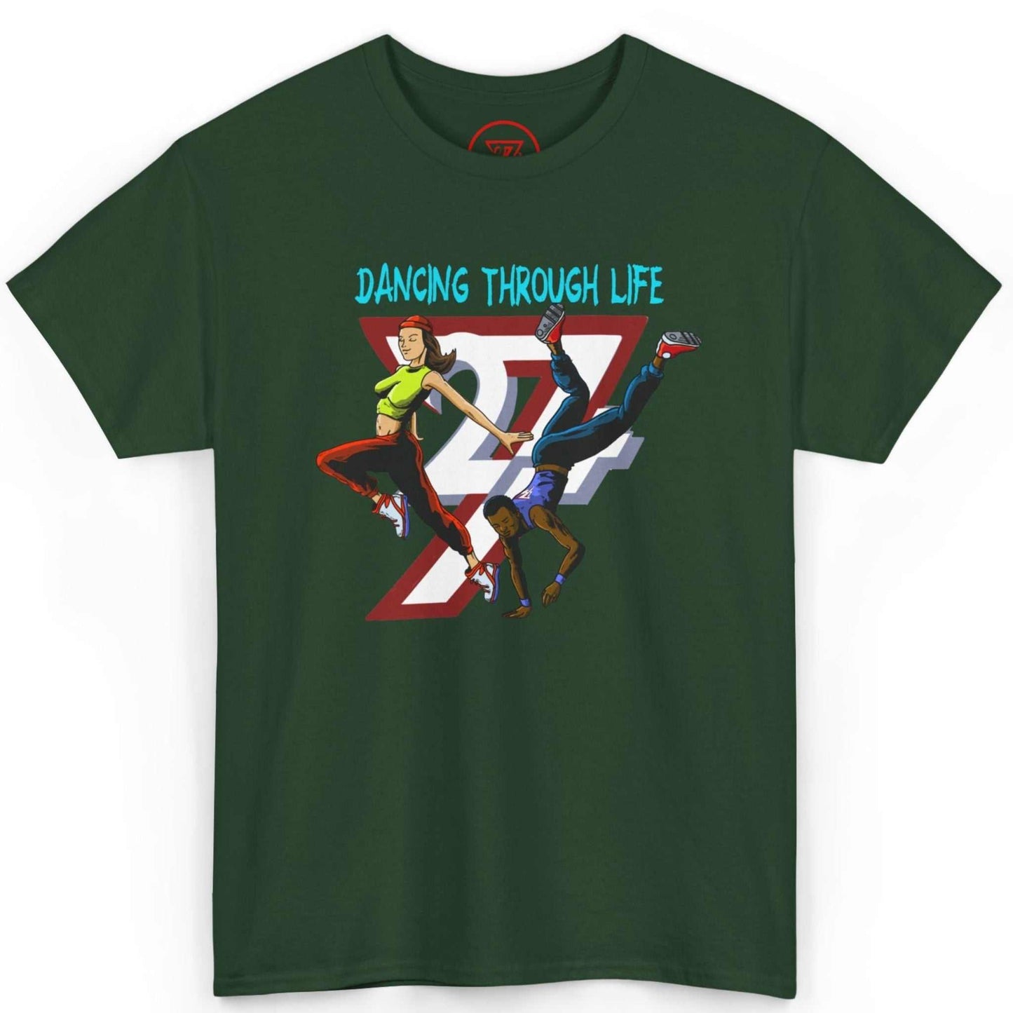 Front view of a forest green dark urban streetwear shirt highlighting the hand-drawn street dance art, displayed on a clean background.