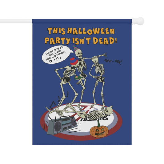 Front view of the blue funny dancing skeleton Halloween house banner featuring digitally hand-drawn skeletons, a boombox, and comic-style speech bubbles, displayed flat on a clean background.