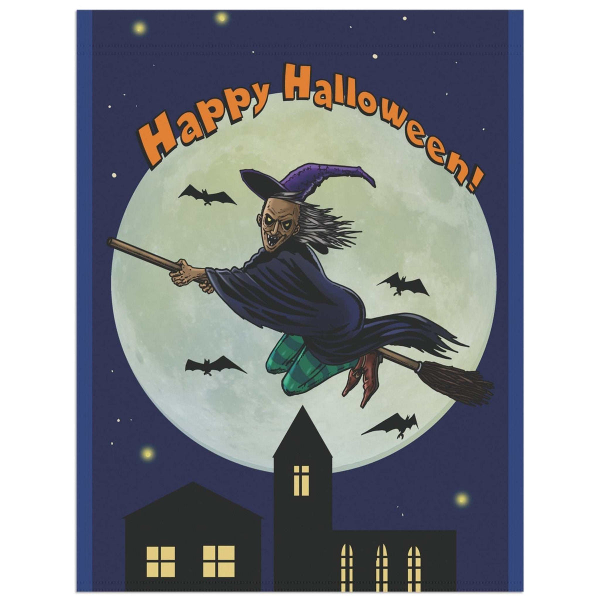 Flat view of the spooky witch Halloween house banner featuring a digitally hand-drawn flying witch and full moon, displayed flat on a clean background.