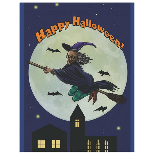 Flat view of the spooky witch Halloween house banner featuring a digitally hand-drawn flying witch and full moon, displayed flat on a clean background.