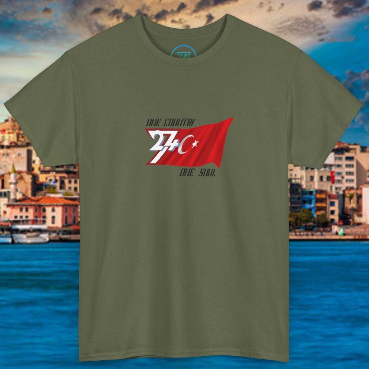 Green Türkiye Flag Graphic T-Shirt with hand-drawn red flag illustration and white crescent star, lightweight cotton, crew neck, classic fit for summer and sports events.
