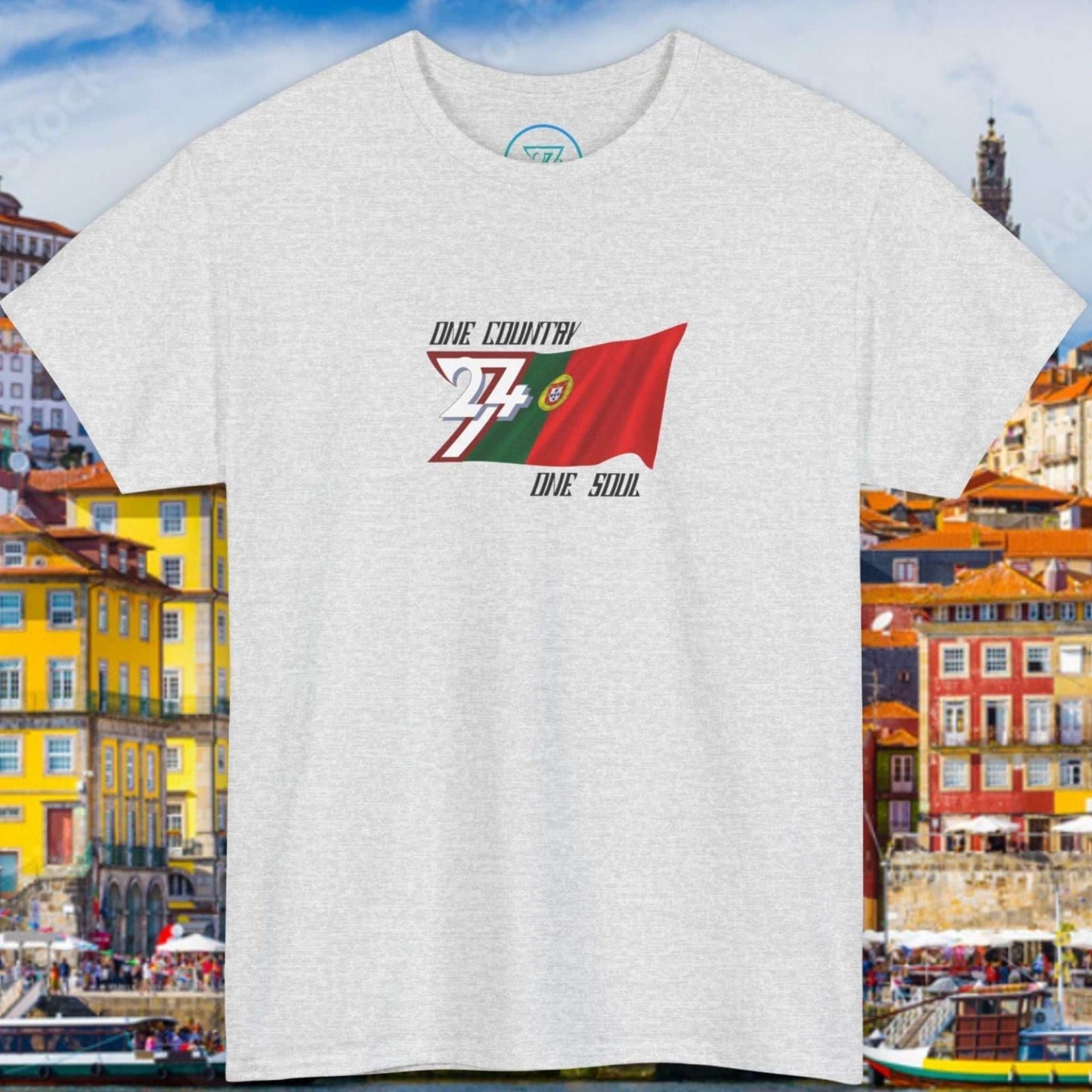 Front view of a light gray graphic t-shirt featuring a digitally hand-drawn Portugal flag design.