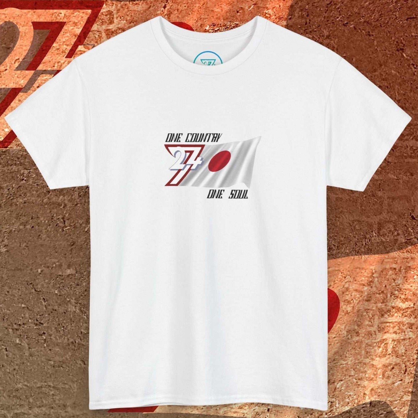 Japanese heritage t-shirt in ash showing a hand-drawn national flag and the "One Country One Soul" motto.