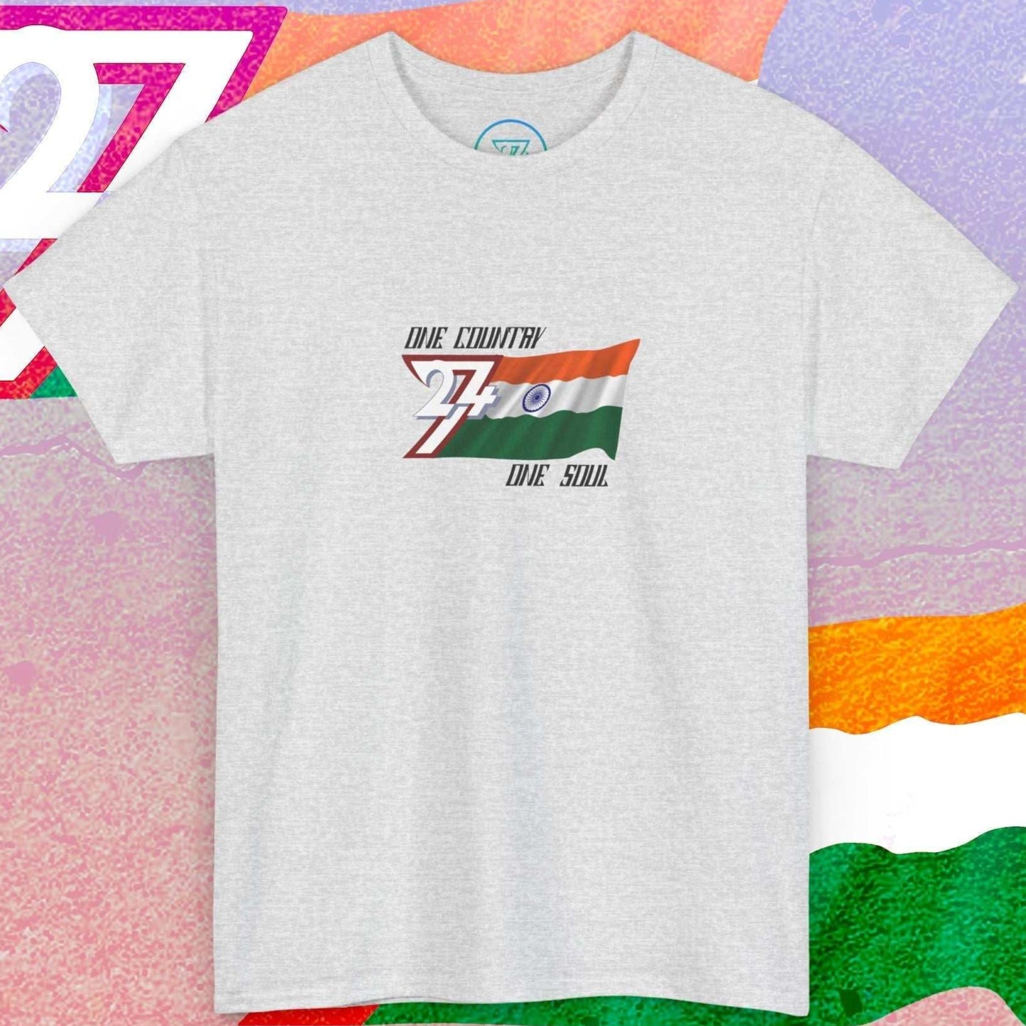 Digitally illustrated India graphic tee in ash showing the hand-sketched Ashoka Chakra and "One Country One Soul" signature.
