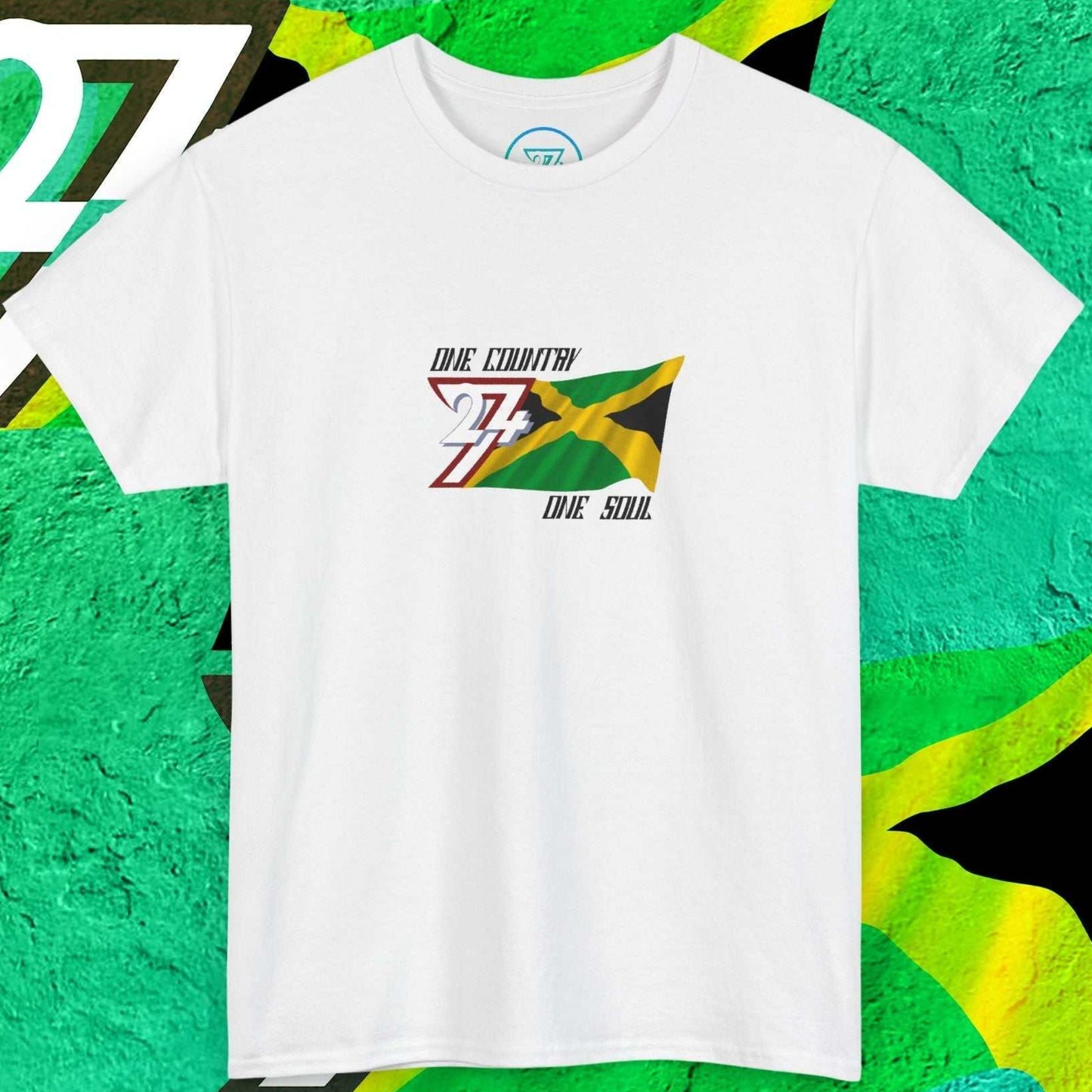 Jamaican heritage t-shirt in ash showing a hand-drawn national flag and the "One Country One Soul" motto.