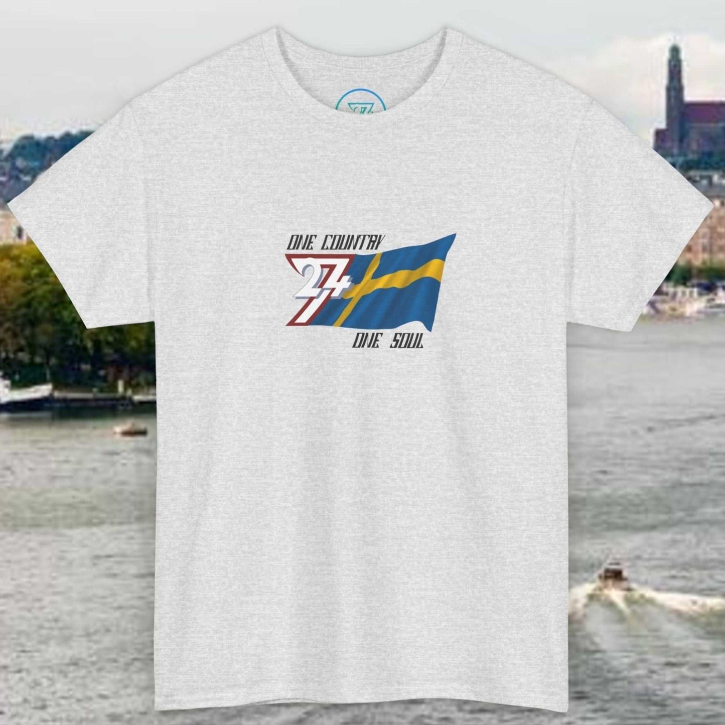 Light gray unisex t-shirt with hand-drawn Swedish flag graphic and "One Country One Soul" text