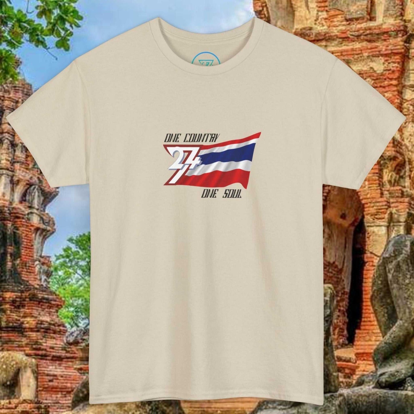 Thailand Flag T-Shirt with hand-drawn Thong Trairong graphic on beige cotton tee against ancient temple background