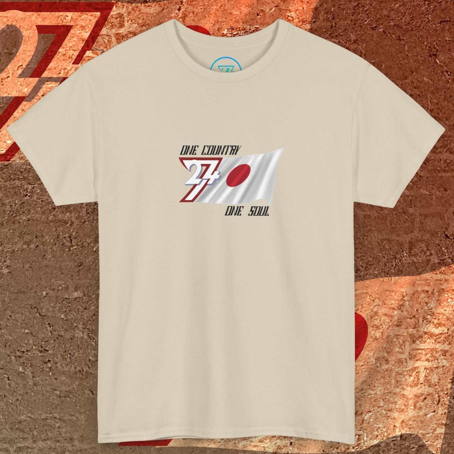 Hand-drawn Japan "Rising Sun" design on a beige t-shirt featuring the "One Country One Soul" signature.
