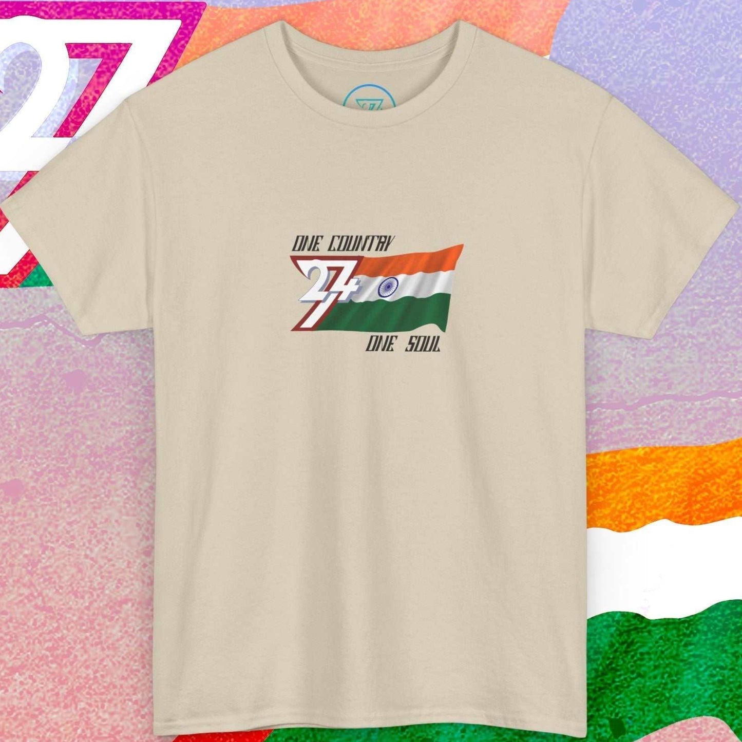 Complete front-on display of the beige India pride t-shirt, featuring our exclusive "One Country One Soul" print.