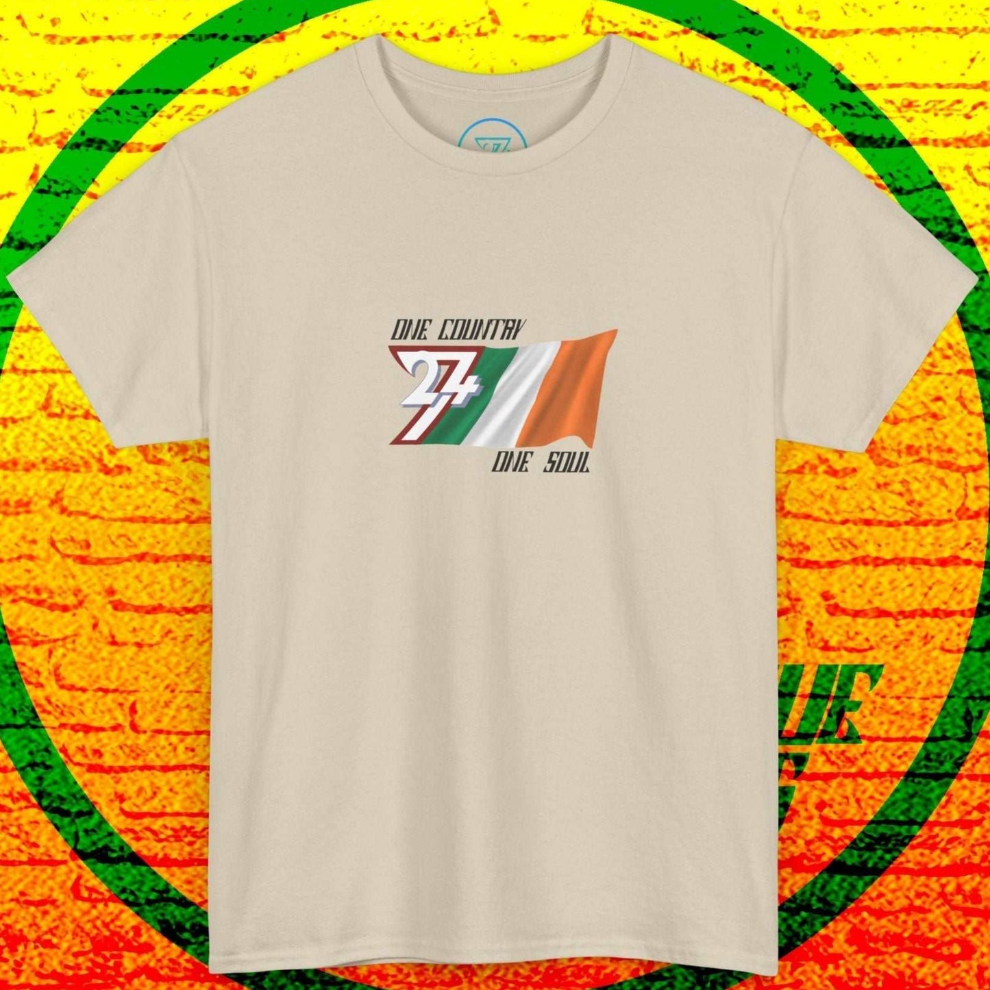 Full-view beige t-shirt featuring the digitally illustrated Ireland national flag and the iconic "One Country One Soul" signature.
