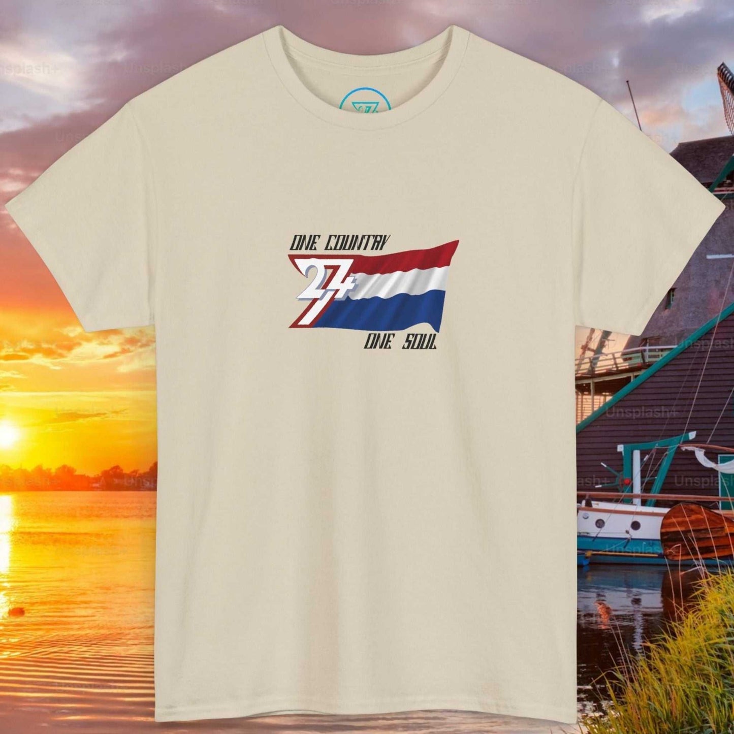 Front view of a beige graphic t-shirt featuring a digitally hand-drawn Netherlands flag design.