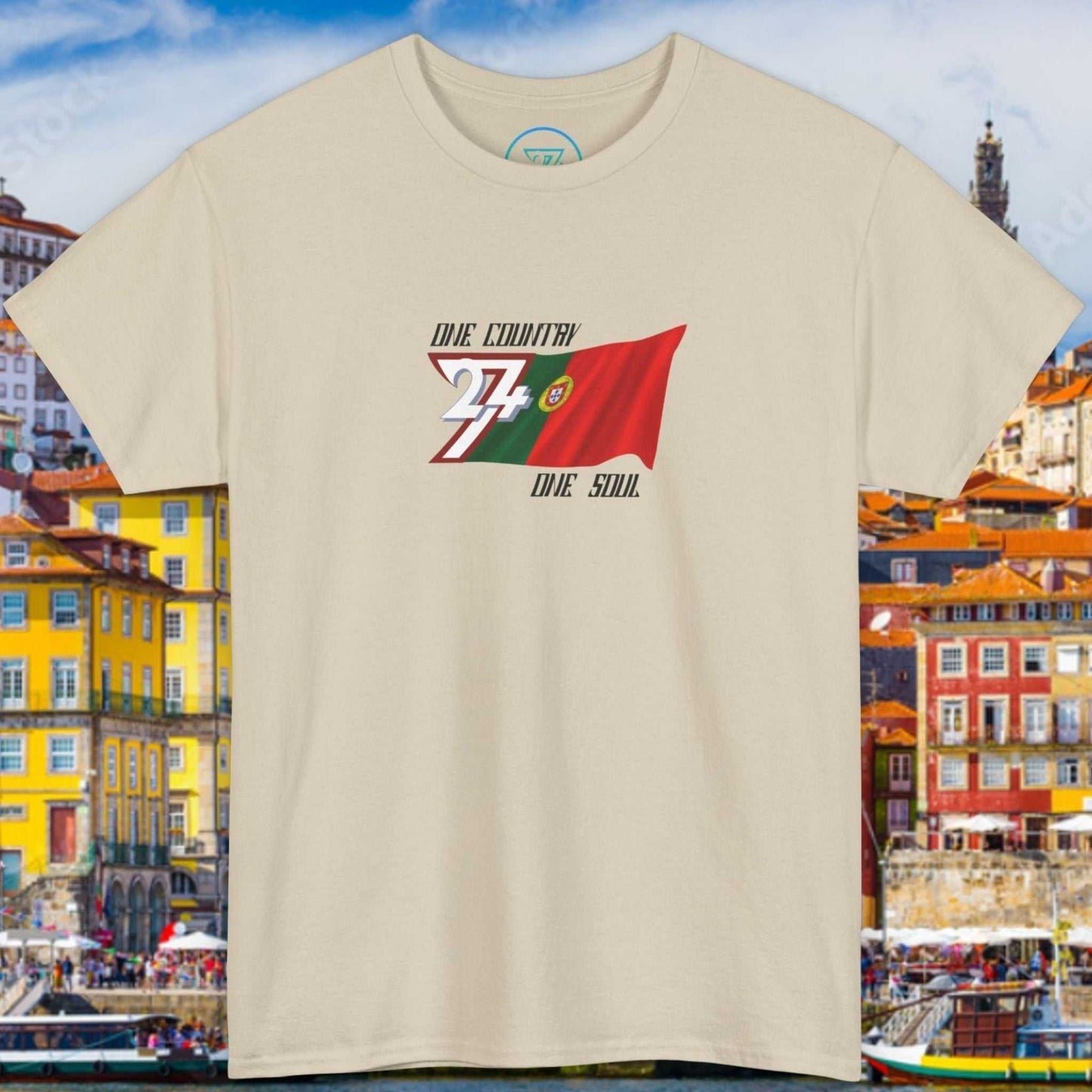 Front view of a beige graphic t-shirt featuring a digitally hand-drawn Portugal flag design.