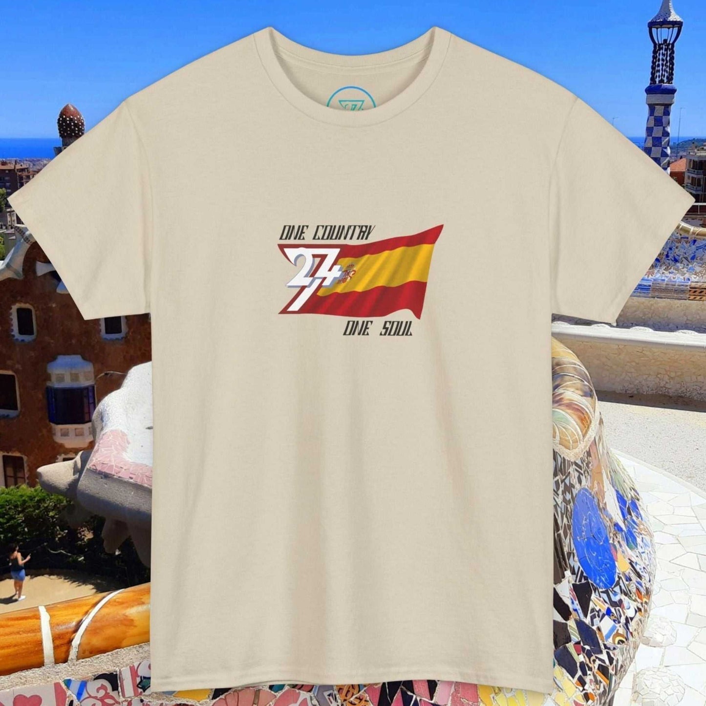Unisex beige Spain Flag Graphic Tee with hand-drawn Spanish flag and "One Country One Soul" text design