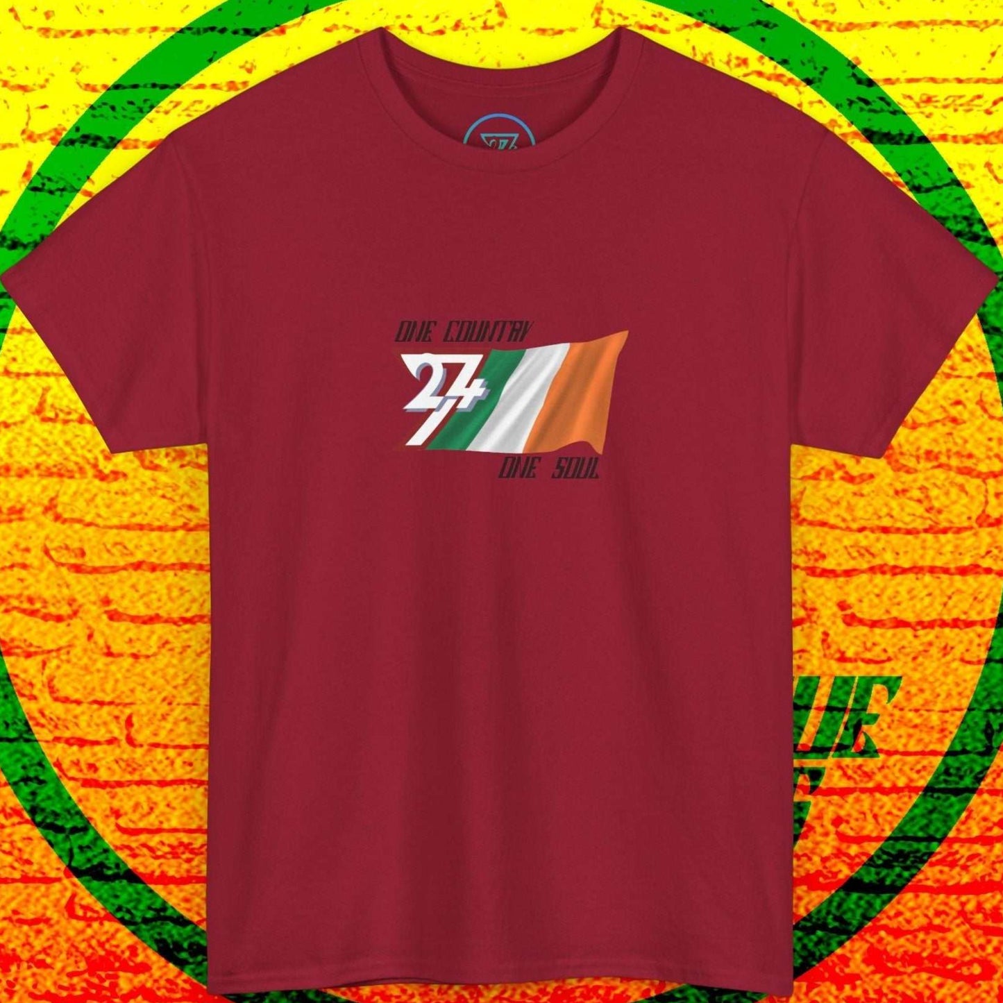 Front perspective of the premium red Ireland graphic tee, designed with a hand-sketched flag and "One Country One Soul" branding.