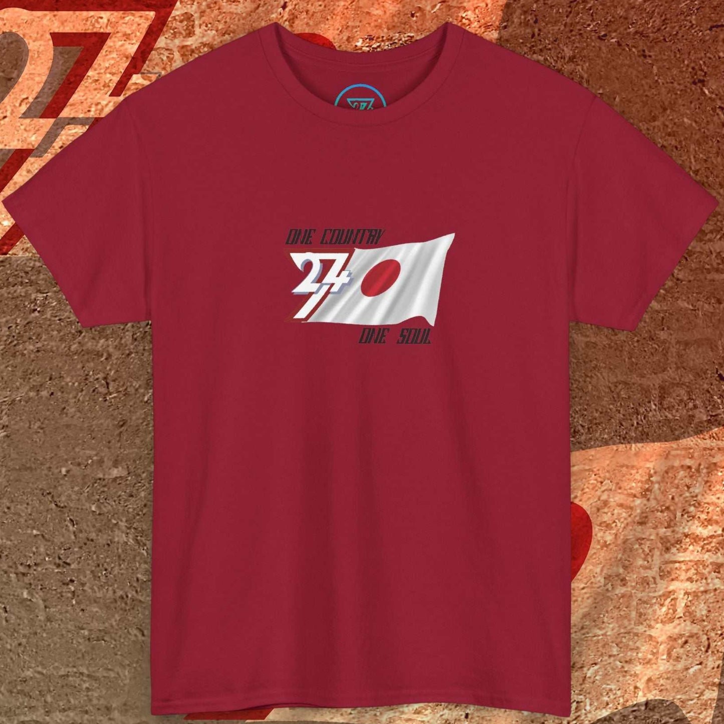 Hand-drawn Japan "Rising Sun" design on a cardinal red t-shirt featuring the "One Country One Soul" signature.