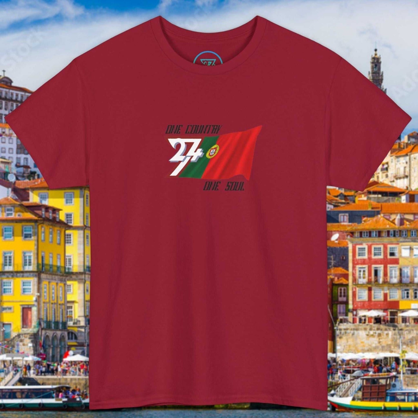 Front view of a deep red graphic t-shirt featuring a digitally hand-drawn Portugal flag design.