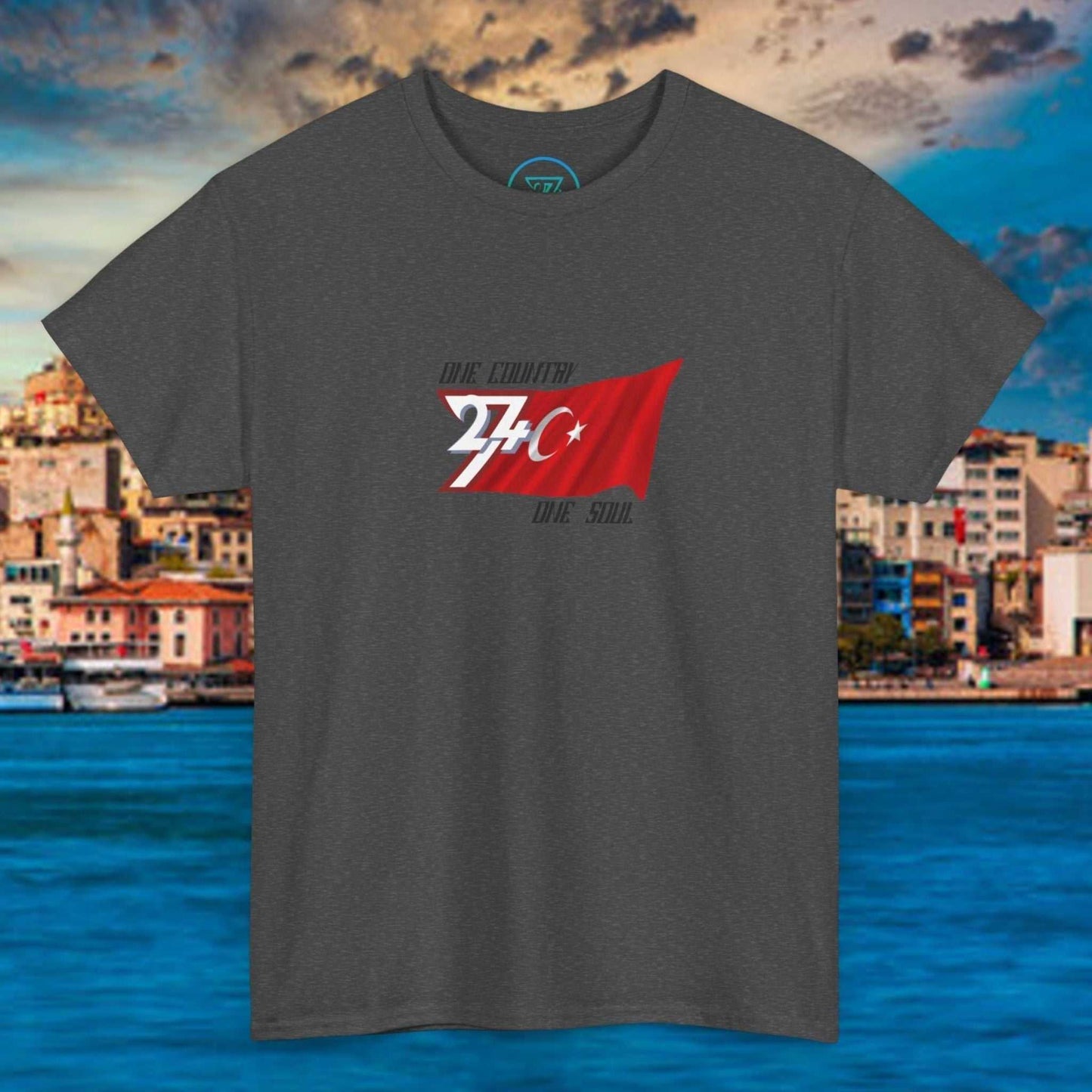 Dark grey Türkiye Flag Graphic T-Shirt with hand-drawn red flag and crescent star design for summer and sports wear