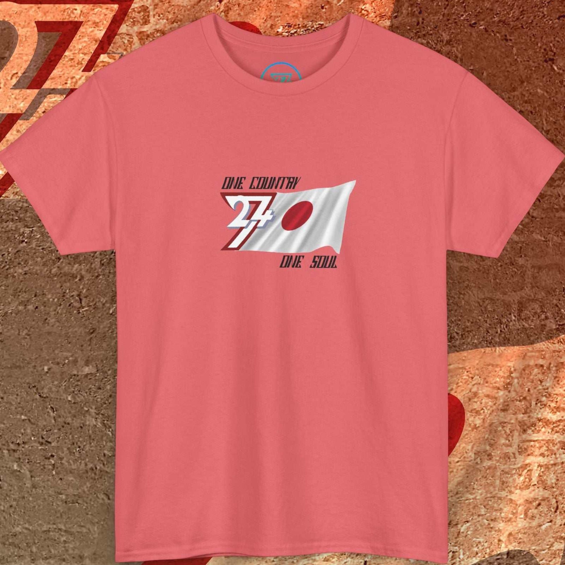 Streetwear style coral Japan flag shirt with a unique hand-drawn finish and "One Country One Soul" branding.