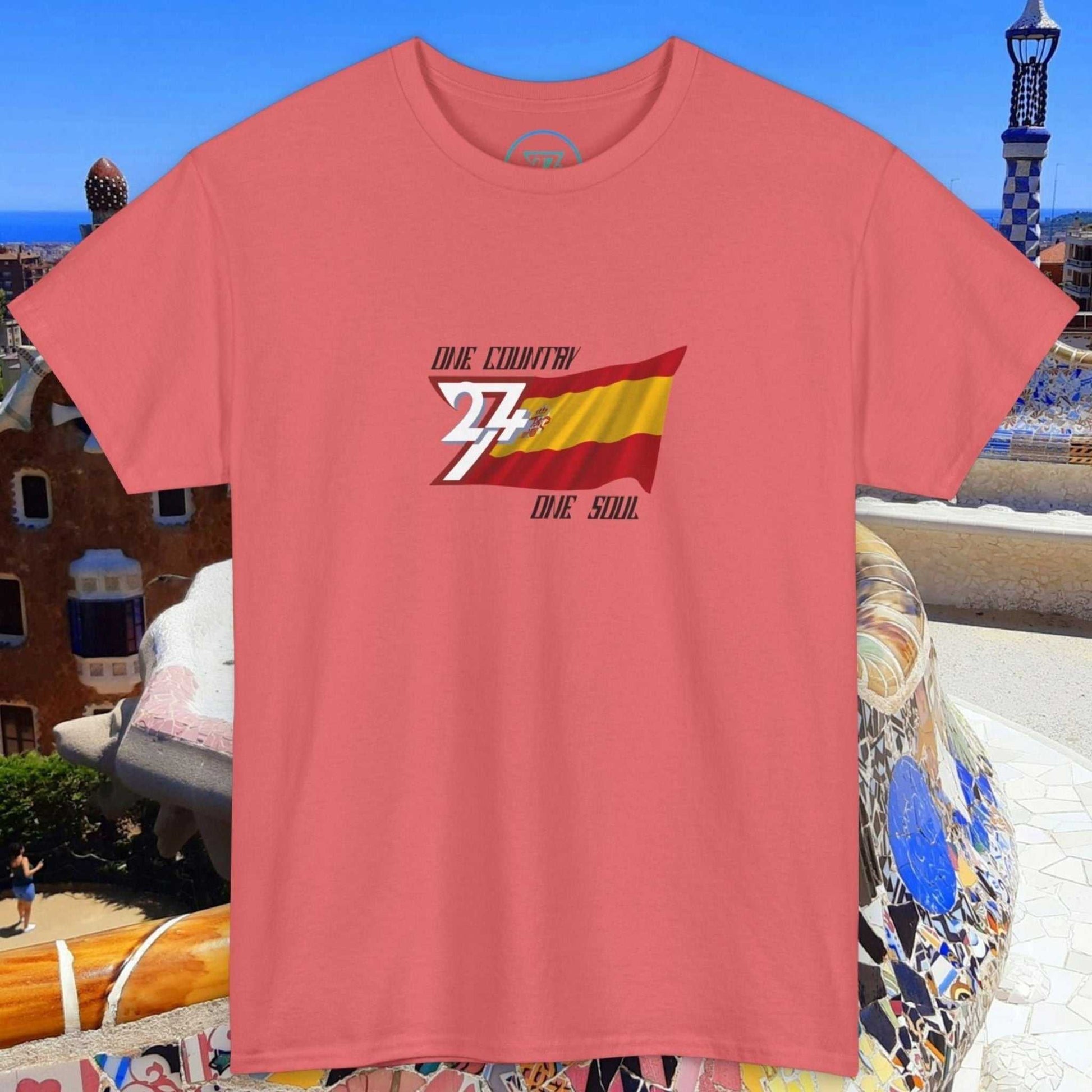 Unisex Spain Flag Graphic Tee with hand-drawn España design on coral pink shirt, midweight cotton, perfect for streetwear and travel.